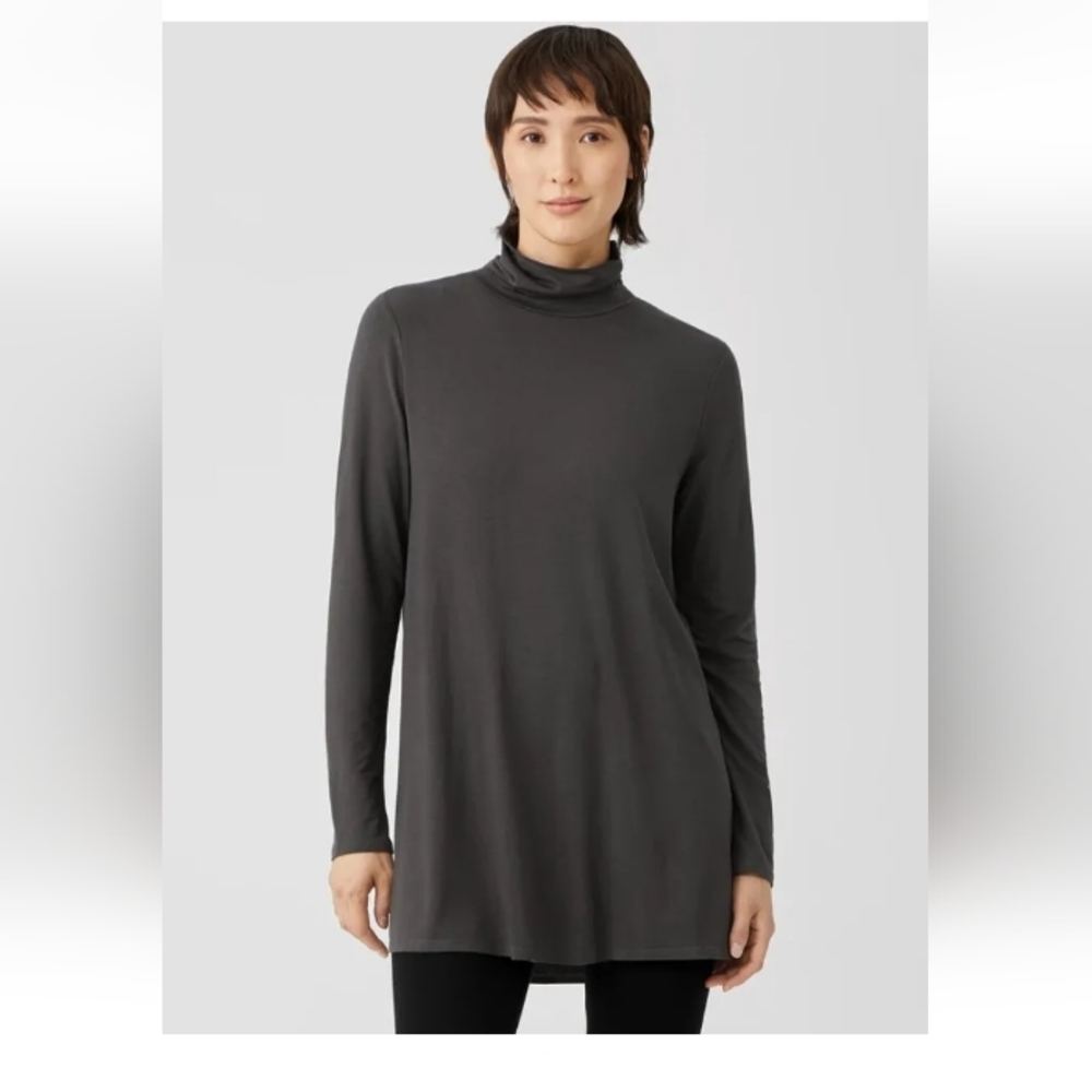 Eileen Fisher Fine Jersey Scrunch Neck Long Sleeve Tunic Top Brown Size Medium